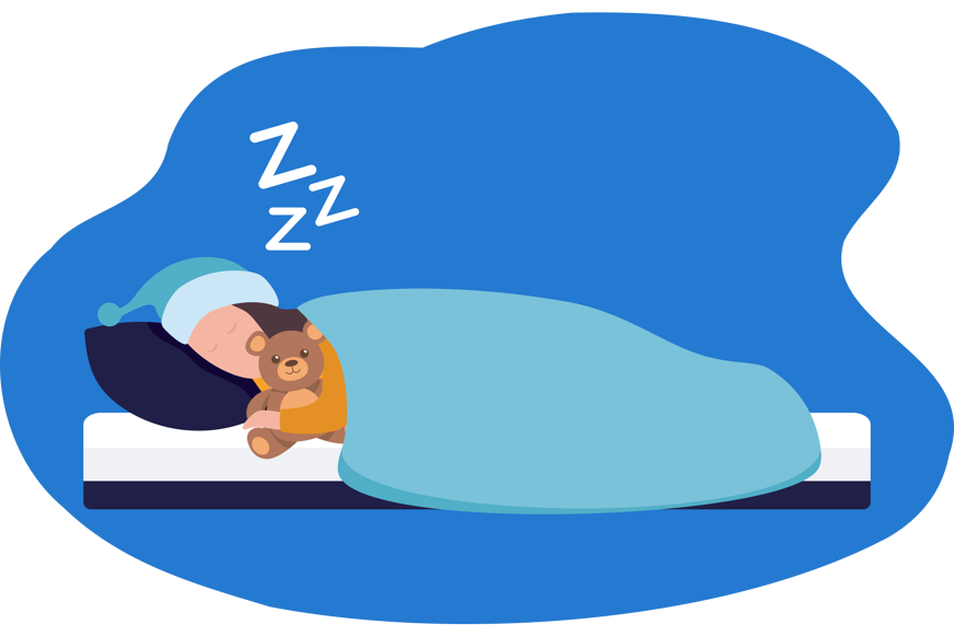 Ilustração de uma criança dormindo na cama, coberta, abraçada a um urso de pelúcia.